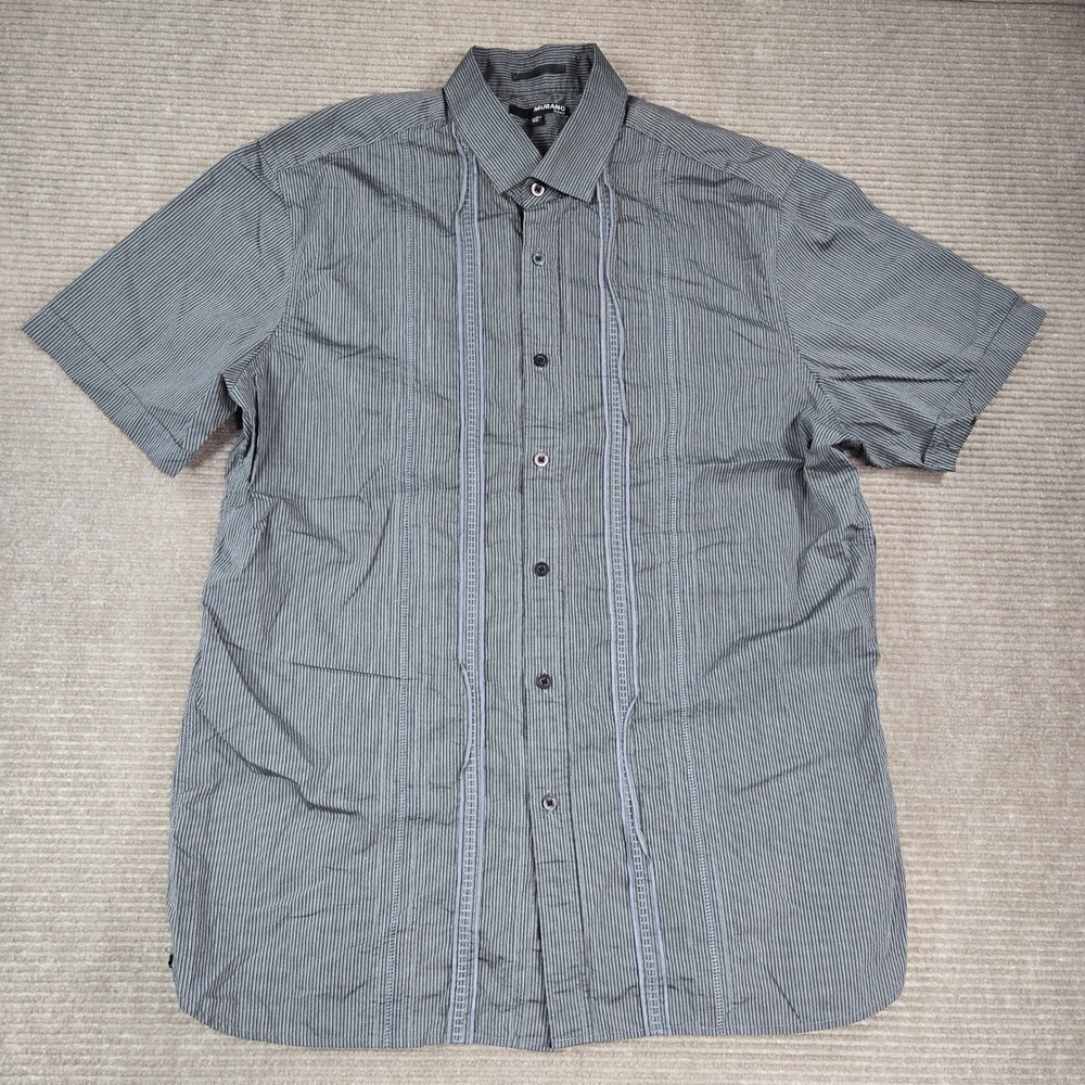 Murano Mens XL Grey Striped Pintuck Fitted Short Sleeve Button Down Shirt - Picture 2 of 7